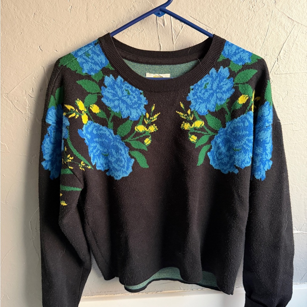 Maeve Black Sweater with Blue and Green Floral Design
